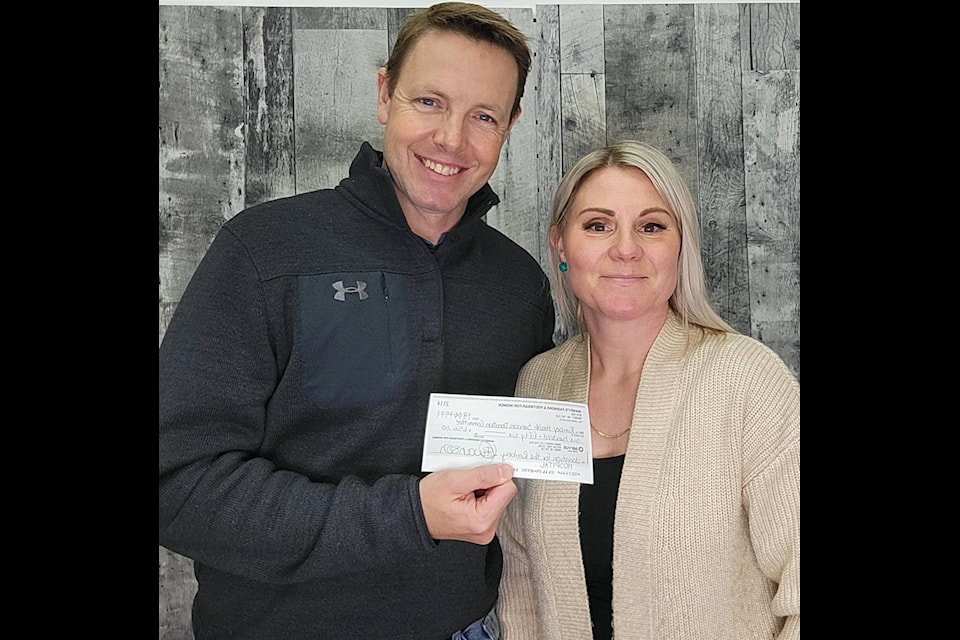 Mandy’s Fashions in Rimbey presented Patrick Rurka, a member of the Rimbey Health Committee with a cheque for $656, for the Rimbey Hospital on Dec. 8, 2021. The money was raised during Mandy’s Movember promotion. Rurka also did a Facebook live prostate cancer and men’s health. (Submitted)