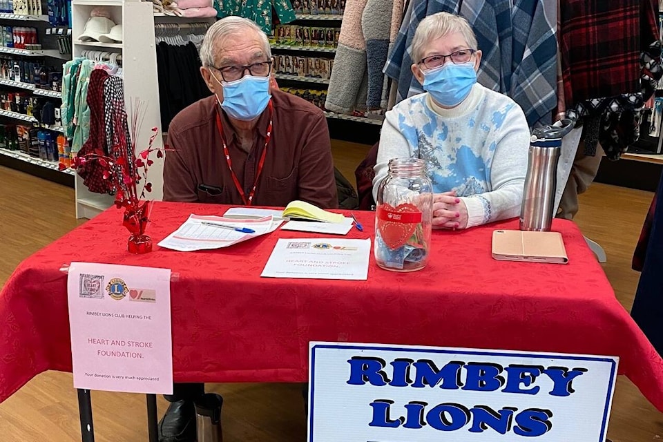 Volunteers Gene and Marj Chopiuk were on hand for the Rimbey Lions Club annual Heart and Stroke Foundation campaign ran Feb. 11 to 12 at Evergreen Coop, Pharmasave Drugs and Guardian Drugs in Rimbey. (Leah Bousfield/RIMBEY REVIEW)