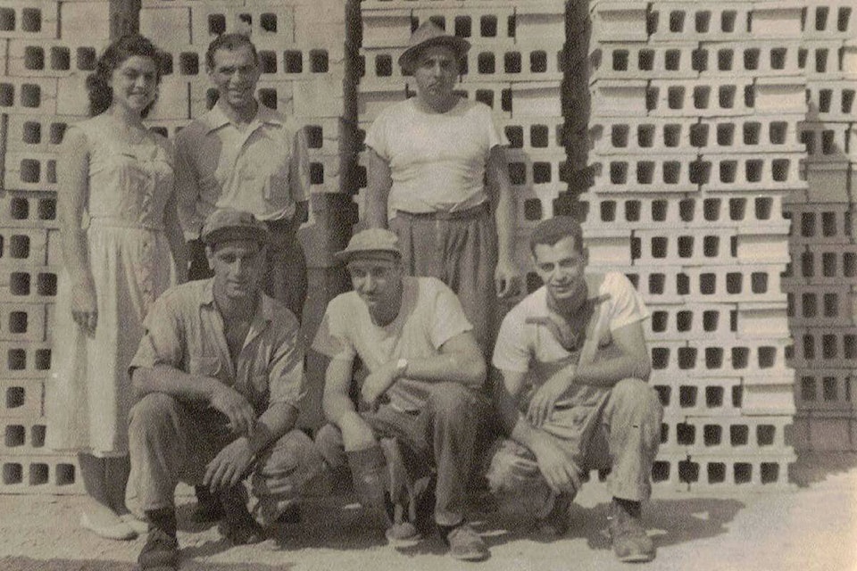 Old company photo of the block plant crew - featuring from left, Florence Ferraro Nesmith (aunt), Tony Ferraro (grandfather), Eddie Ferraro Sr (father), unknown employees front left and middle, Elmo Ferraro (uncle). (Photo courtesy of Nick Ferraro)