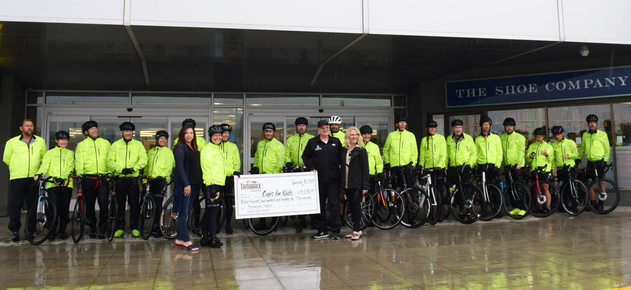 The Cops for Kids ride stopped in Cranbrook on Wednesday, Sept. 14 where they were greeted with a cheque from the Tamarack Centre for $11,276. The funds were raised through the malls Party in the Parking Lot party in August. (Corey Bullock/Cranbrook Townsman)
