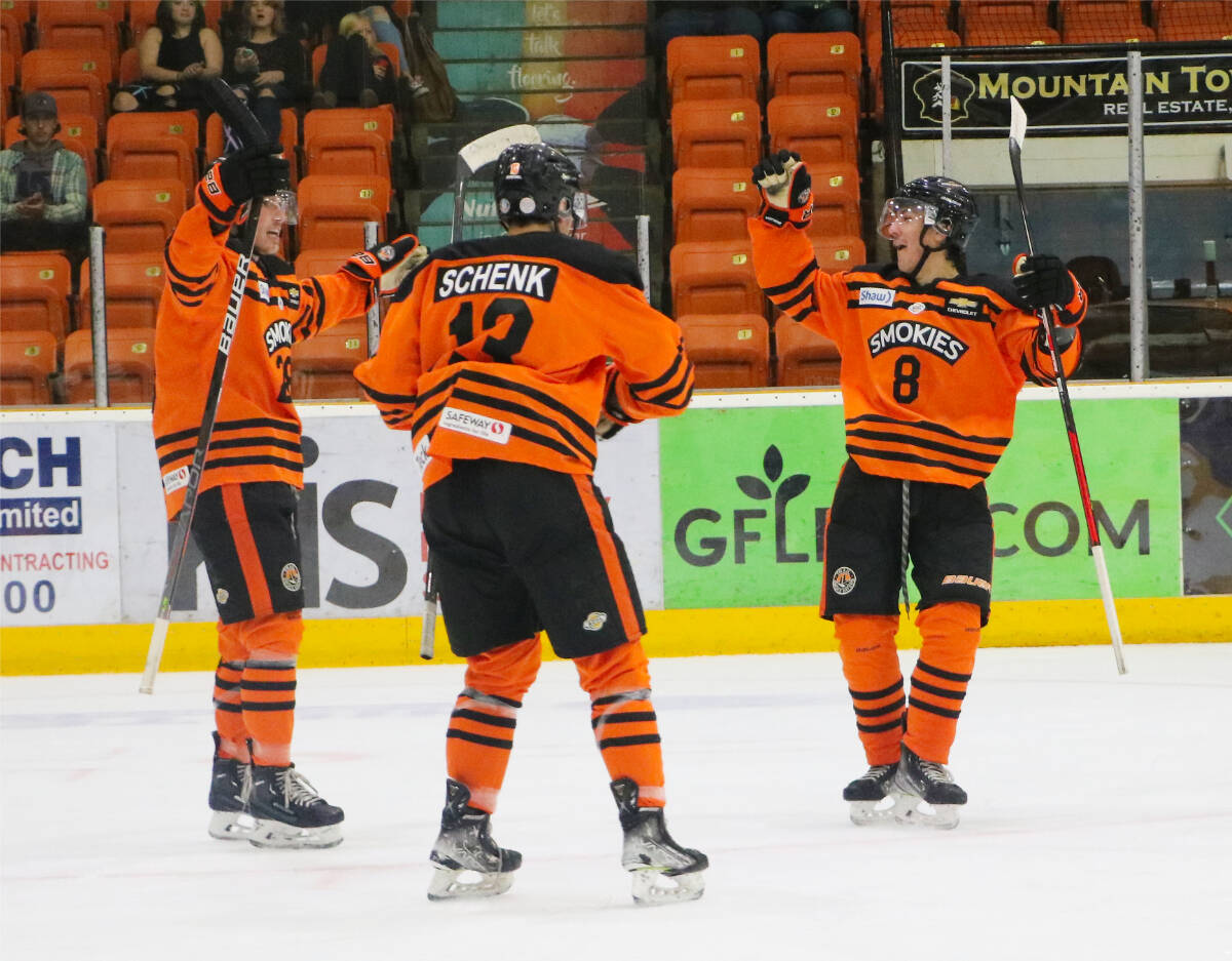 The Trail Smoke Eaters celebrate Mathieu Cobetto-Roys (8) goal in their retro-jerseys on Saturday against the Cranbrook Bucks. Photos: Jim Bailey