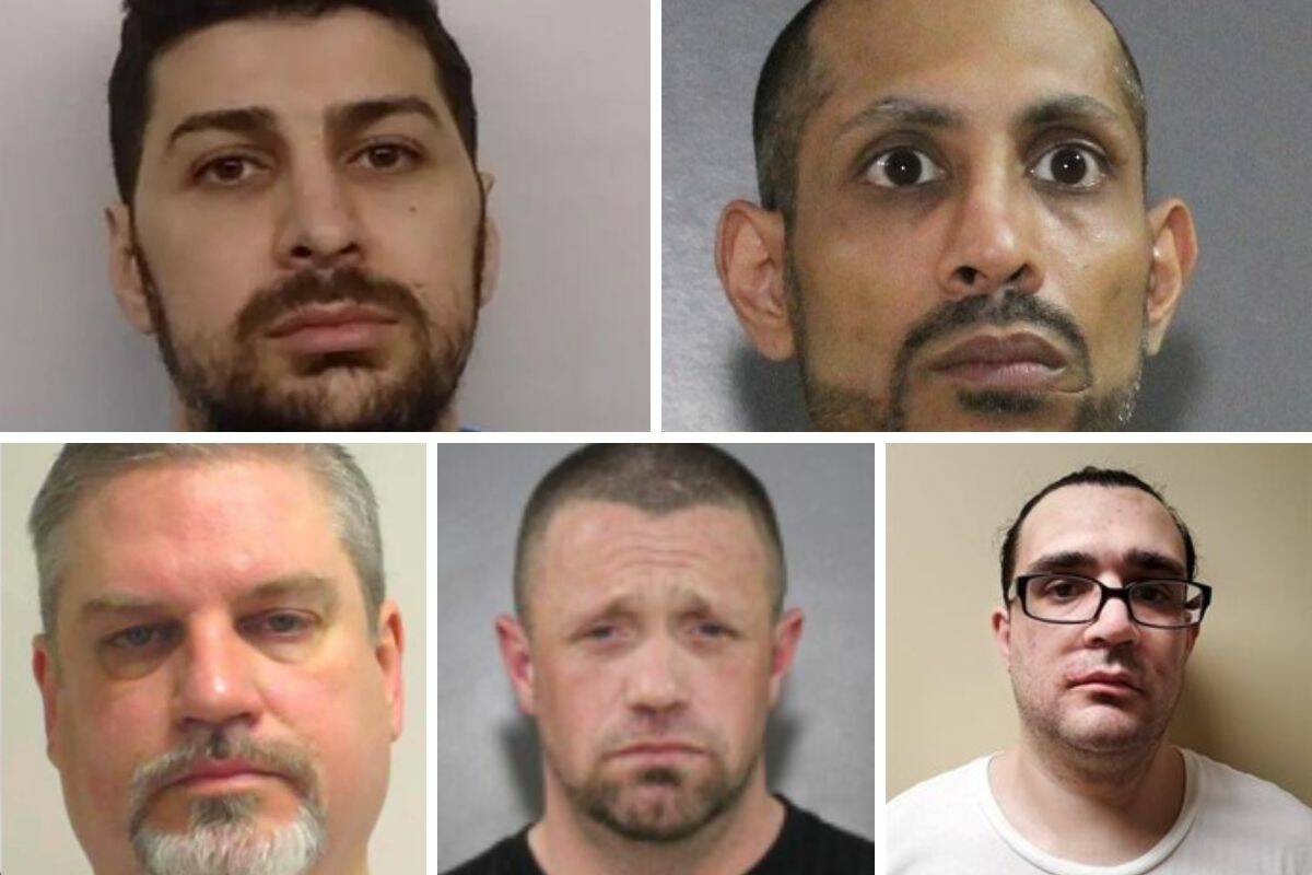 Rabih Alkhlil, top left, Amardip Sign Rai, top right, John Norman Mackenzie, bottom left, Timothy Dale Bornyk, and Ricco Zanolli are B.C. top five most wanted criminals. (Photos: Metro Vancouver Crime Stoppers)