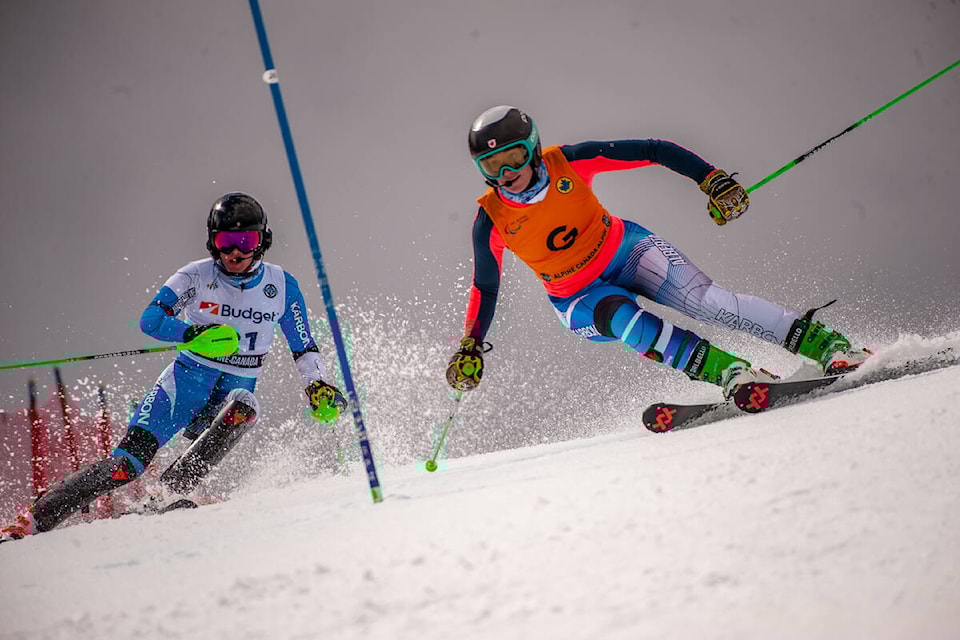 Kimberley’s Kalle Ericsson and his guide Sierra Smith at the Canadian Para-Alpine Slalom Championship Race. Steve Hilts photo.