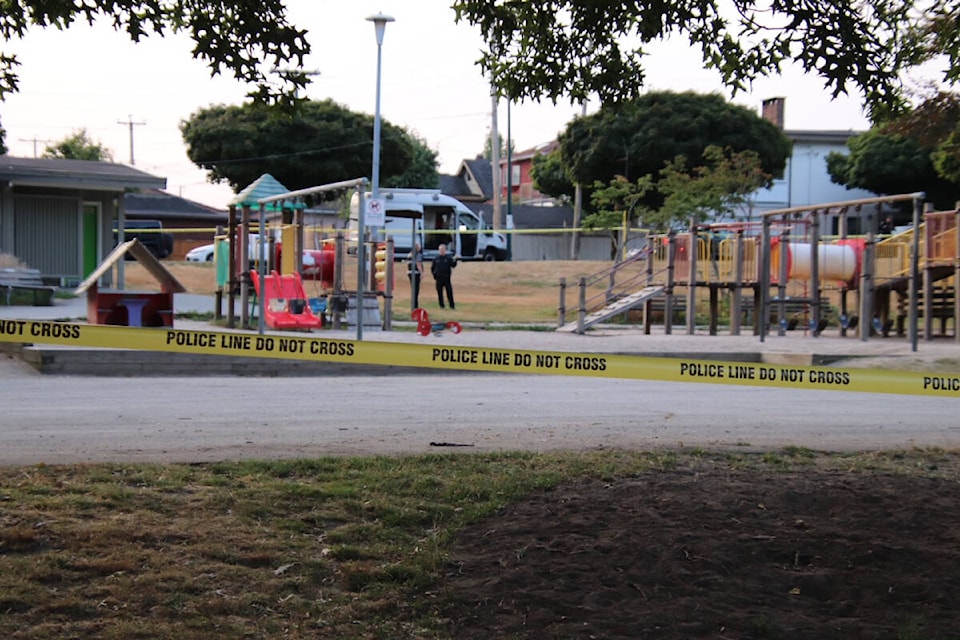 B.C.’s police watchdog, the Independent Investigations Office, on scene with Vancouver Police after officers fatally shot an 18-year-old man in an East Vancouver park in the early hours of Saturday morning, Aug. 5, 2023. (Shane MacKichan)