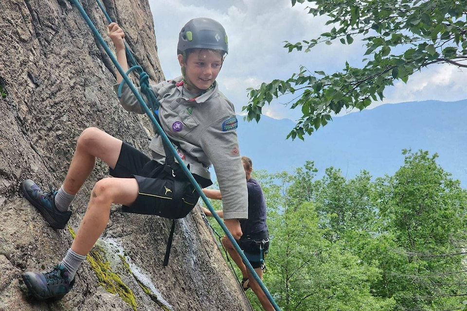 Cubs climbed a local crag on an overnight camp out this spring. With guidance from a Scouter who’s an avid rock climber, they learned how to properly use a harness and rope to safely climb, with more advanced climbers even starting to belay. (Contributed)