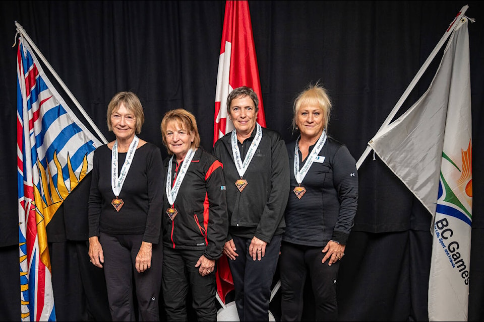 The Marnie Devlin rink captured bronze in Women’s Curling. From left: Devlin, Rose Beauchamp, Rhonda Baldwin, and Sandra Prentice. Photos: Courtesy of 55+ BC Games