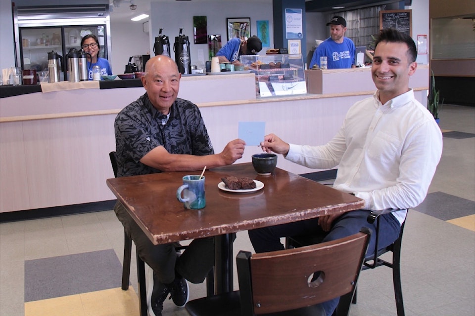 Geoff Sing and Jason Cridge catch up over coffee and a $100,000 donation from Cridge Pharmacy to The Cridge Centre for the Family specifically earmarked for the Second Chance Cafe at Cedar Hill Rec Centre. 
