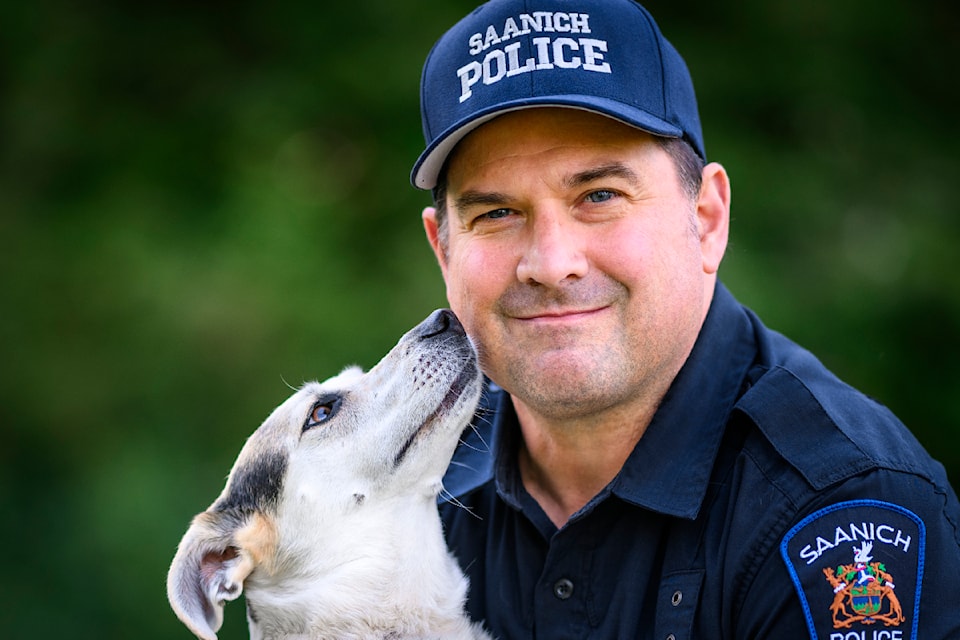Saanich police Staff Sgt. Brad Brajcich and Zyra star in the 2025 Officers on Pawtrol fundraising calendar for the Balfour's Friends Foundation.