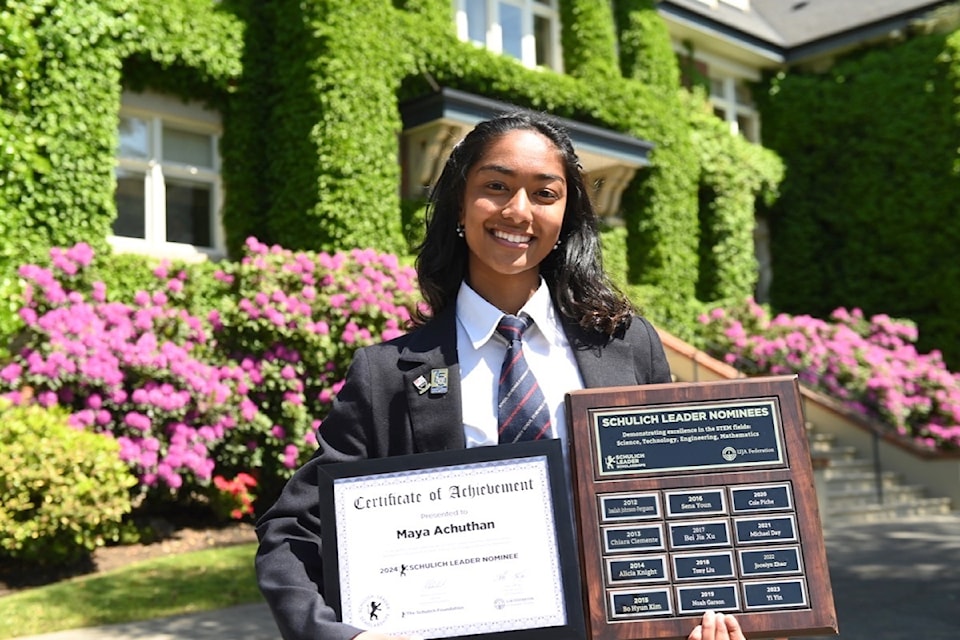 Grade 12  student Maya Achuthan is St. Michael’s University School’s first Schulich Leader, and plans to use the prestigious scholarship to pursue engineering at UBC in the fall.