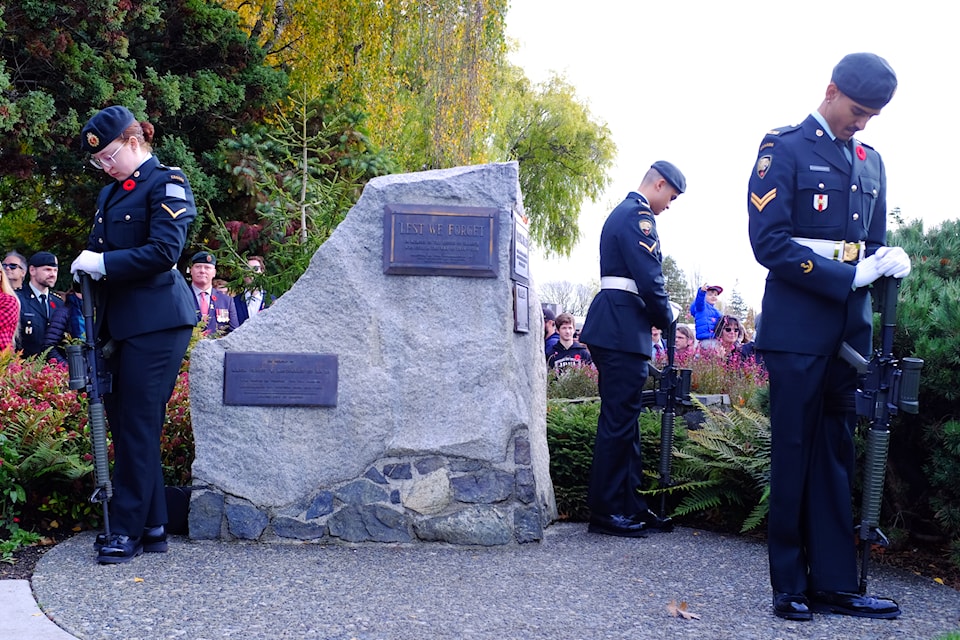 Sentries stand guard beside the cenotaph on the grounds of Saanich Municipal Hall during the 2024 Remembrance Day ceremony on Nov. 11.
