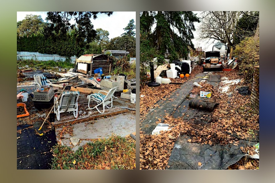 The Burnside Road West residence has been the focus of numerous complaints from neighbours and bylaw officers, as the property is littered with “junk” such as appliances, furniture, Styrofoam, tarpaulins, hoses, glass, equipment, signs, vehicle parts, and more. (Saanich staff report)