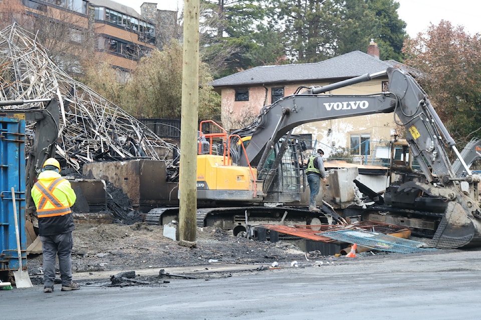Work continues on Quadra Street to clean up the remains of the Nov. 20 fire.