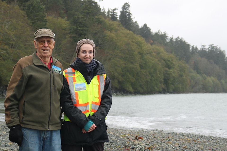 President Darrell Wick and vice-president Michelle Watt of PKOLS – Mount Douglas Conservancy stand on the shoreline of the park, an area they want protected for migratory birds. 