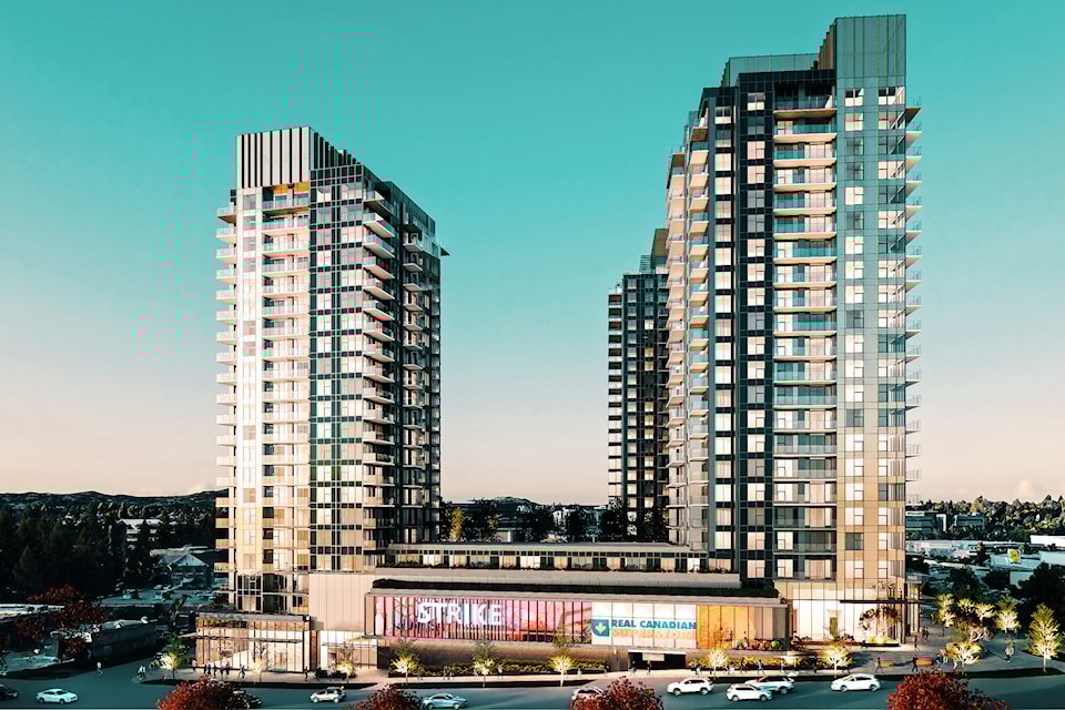 A trio of tall buildings courtesy of Townline is set to bring 555 rental housing units to the old Mayfair Lanes bowling site in Saanich. 