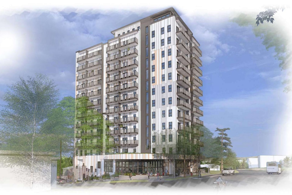 A rendering of the proposed 12-storey building located at 4085 Quadra and 945 Nicholson streets. 