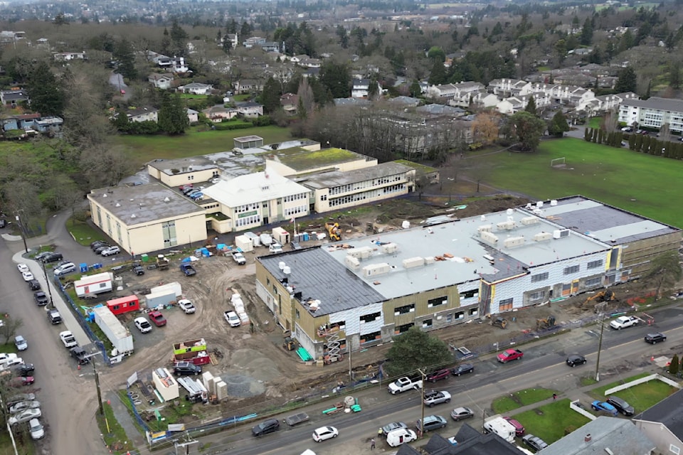 The view from above of the old and new Cedar Hill middle schools in Saanich. 
