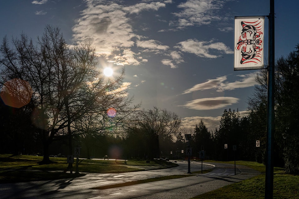 Designed by internationally renowned Lekwungen master carver and artist Clarence 'Butch' Dick, new banners hang with significance at the University of Victoria.