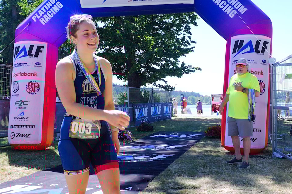 Vancouver’s April St Pierre crosses the finish line at this year's Victoria Half on July 13, 2025.  