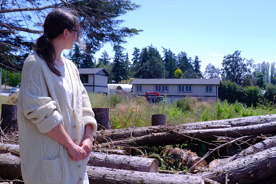 Carmen Lea stands in front of the private property where the 22-metre Telus cell tower is proposed, in a location she says is visible to neighbours near and far.