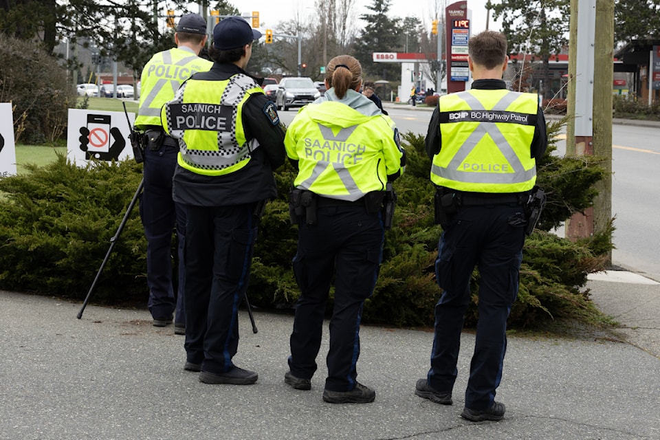 Saanich police and the Integrated Roadside Safety Unit target drivers using cell phones at the intersection of McKenzie Avenue and Quadra Street.