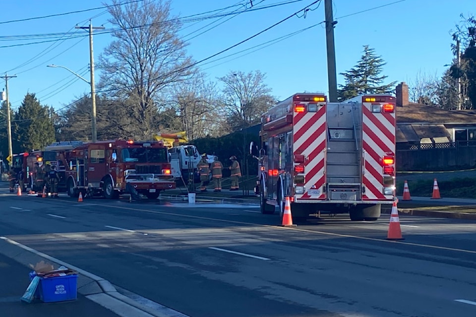 Saanich firefighters battle a structure fire on Shelbourne Street the morning of March 13. 