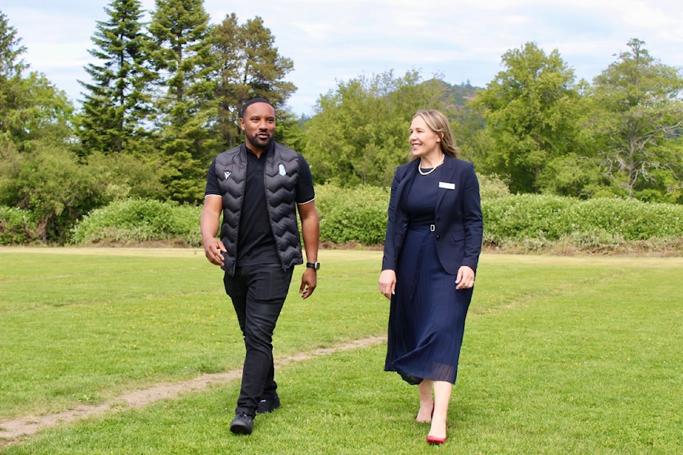 Pacific FC’s Jamar Dixon (left) and Sara Blair of St. Margaret’s School are teaming up to launch the Island’s first girls Football Academy.