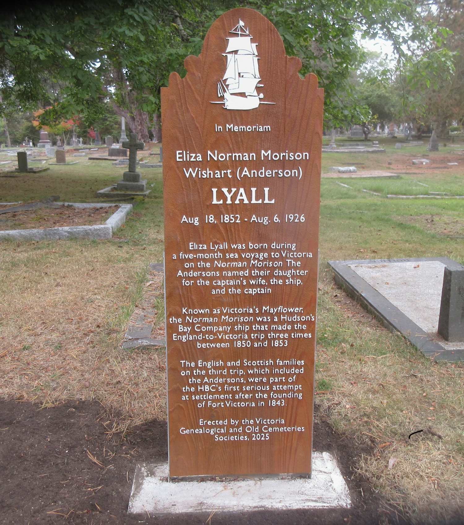 A commemorative historical marker for Eliza Lyall has been installed at her previously unmarked Ross Bay Cemetery grave.