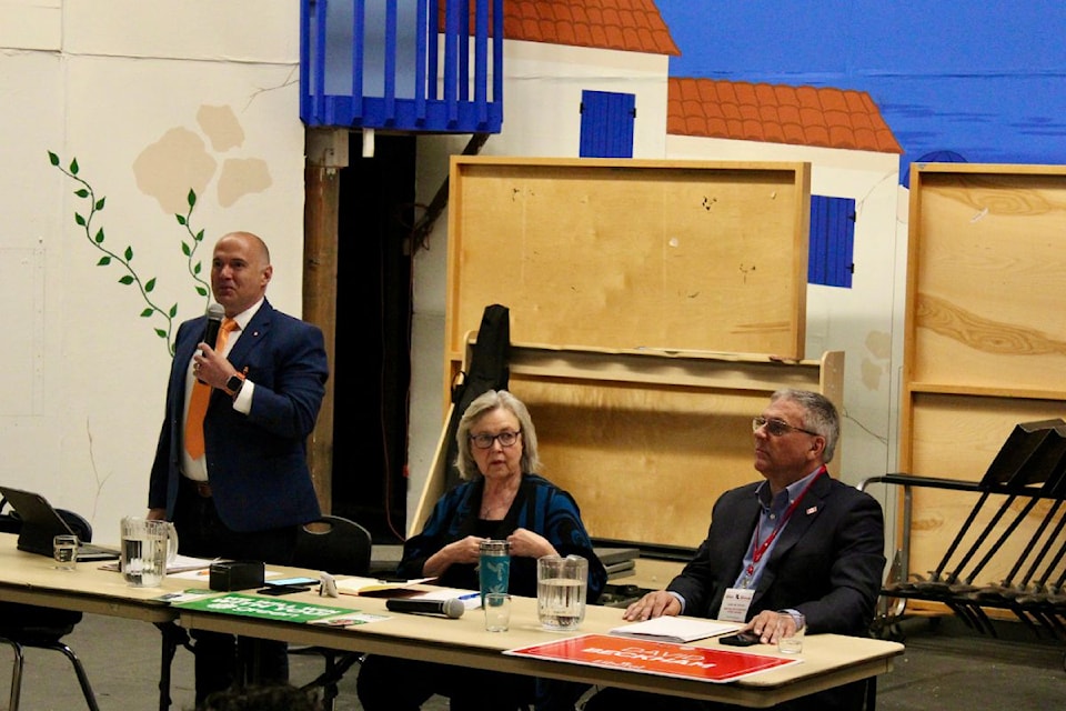 Colin Plant (NDP) left, Elizabeth May (Green Party), and David Beckham (Liberal Party) answered a variety of questions from Reynolds students. 