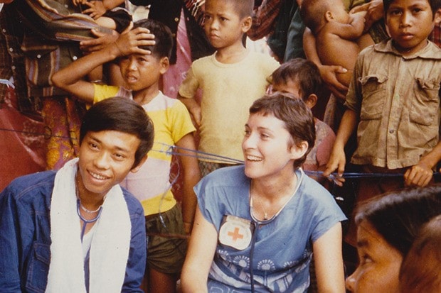 Elaine Harvey (middle), pictured during her six-month aid trip o