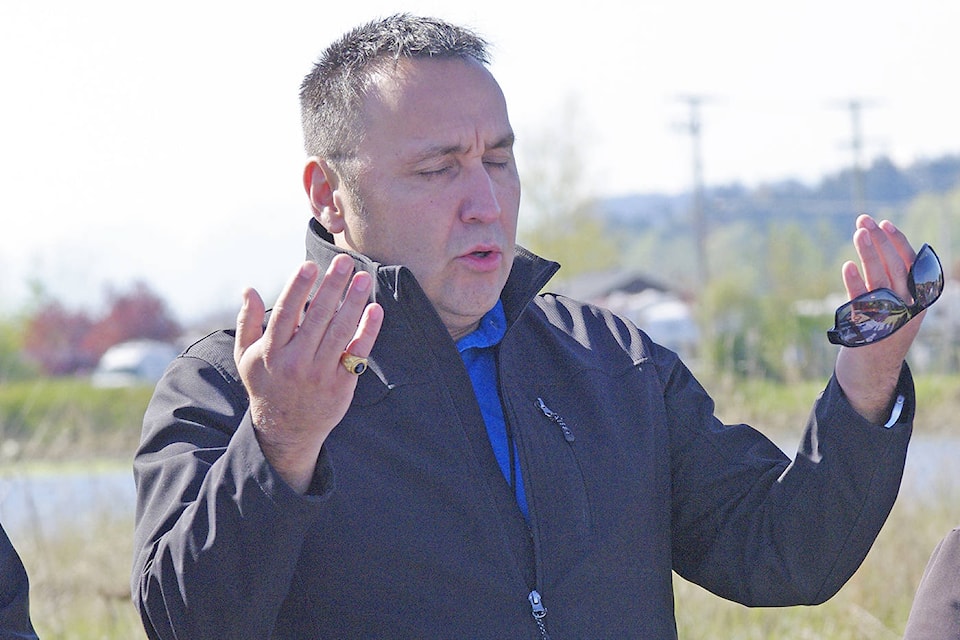 Tsawout band councillor Toby Joseph says an opening prayer during the April 23 blanket ceremony at TIXEN. (Steven Heywood/News Staff)