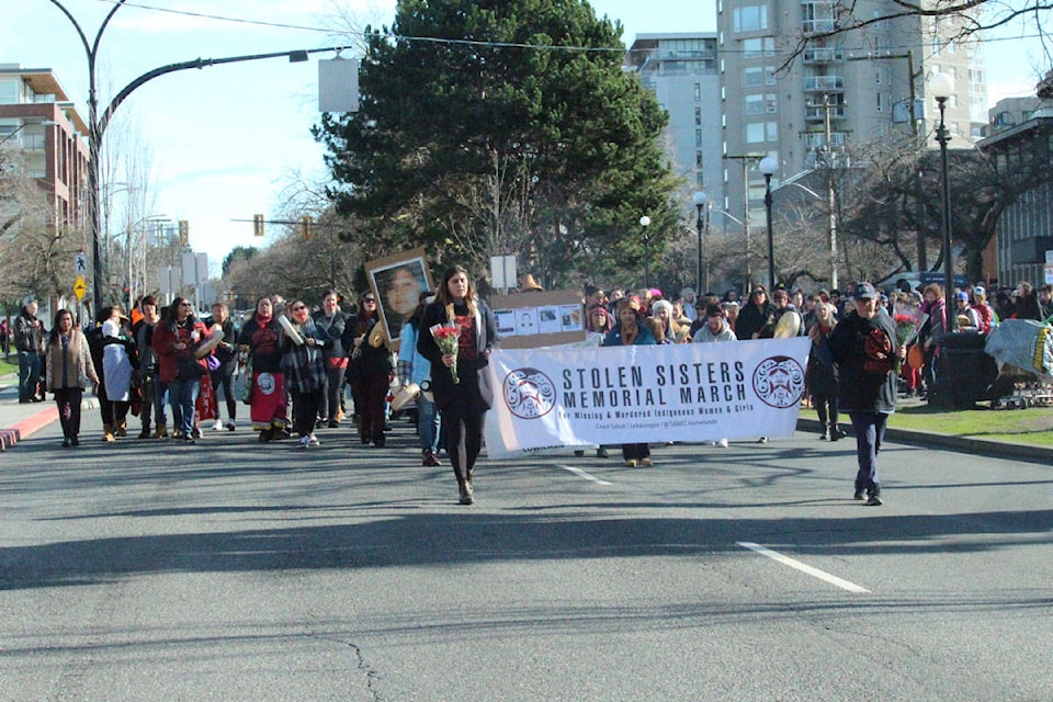 Hundreds walked through the streets of Victoria Saturday afternoon for the Stolen Sisters Memorial March. (Shalu Mehta/News Staff)