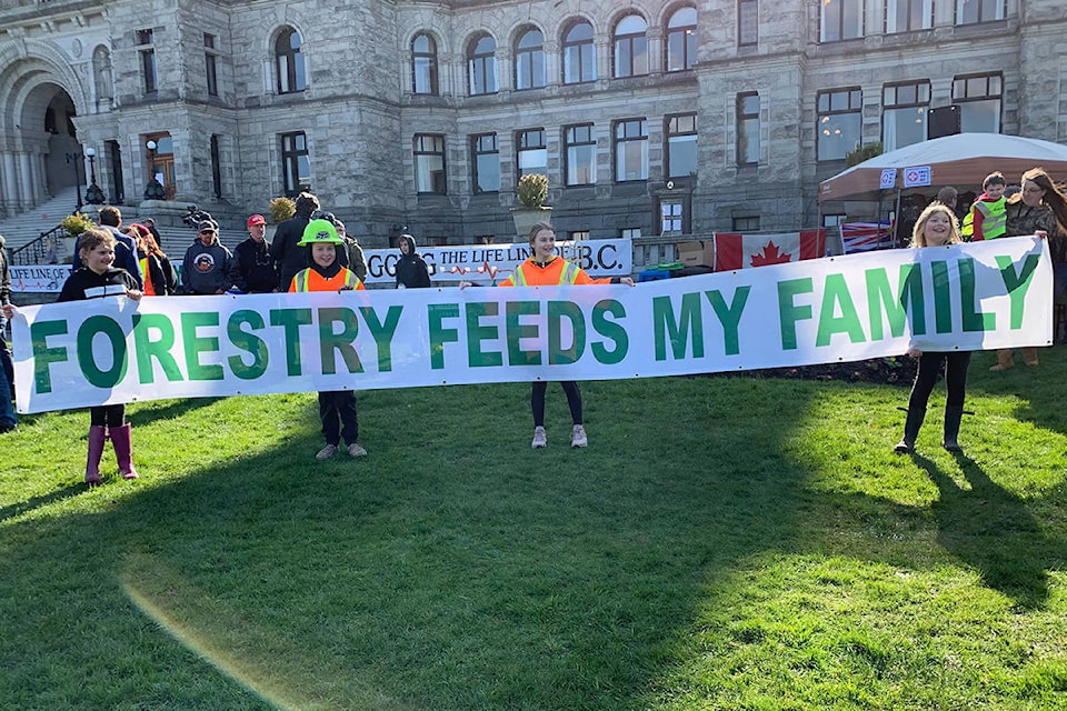 A large crowd gathers on the lawn of the B.C. legislature on Feb. 18 for a rally in support of the forestry industry. (Shalu Mehta/News Staff)