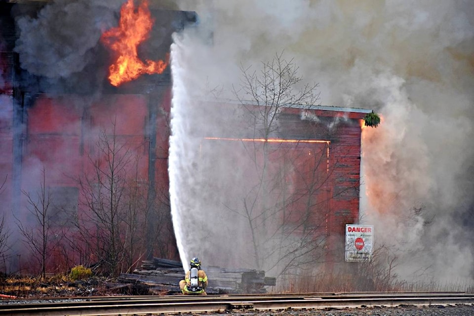 Prince Rupert firefighters are battling a blaze at the CN Rail roundhouse on Prince Rupert’s waterfront. Photo by K-J Millar/The Northern View