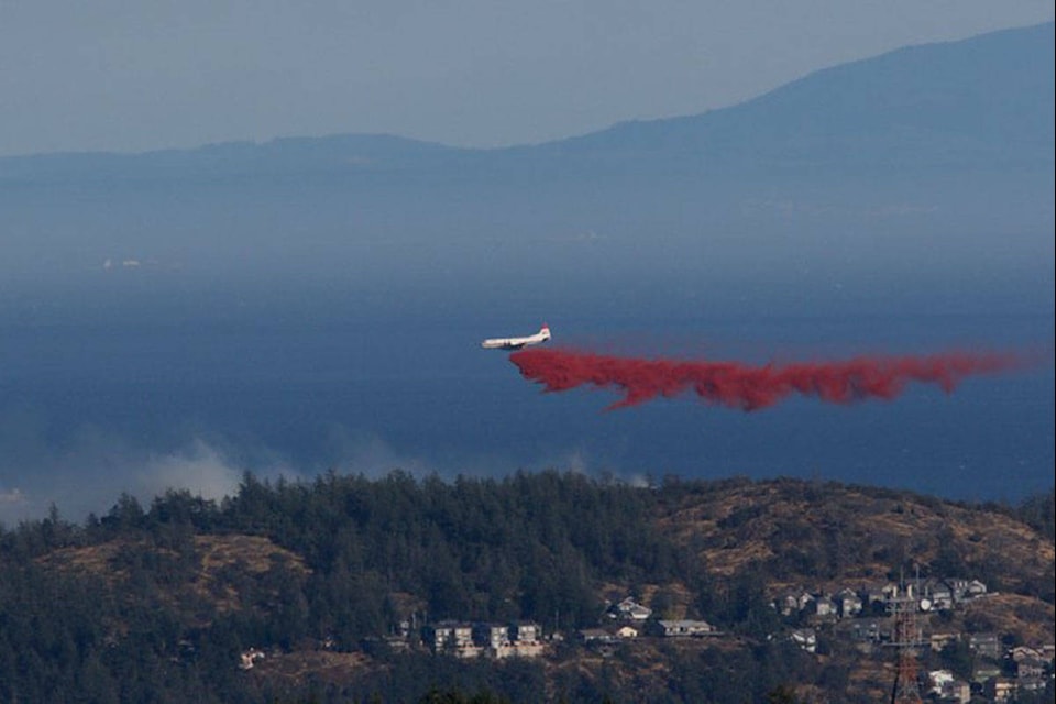 A plane drops fire suppressant onto the wildfire at Mill Hill regional park. (@chadhip/Twitter)