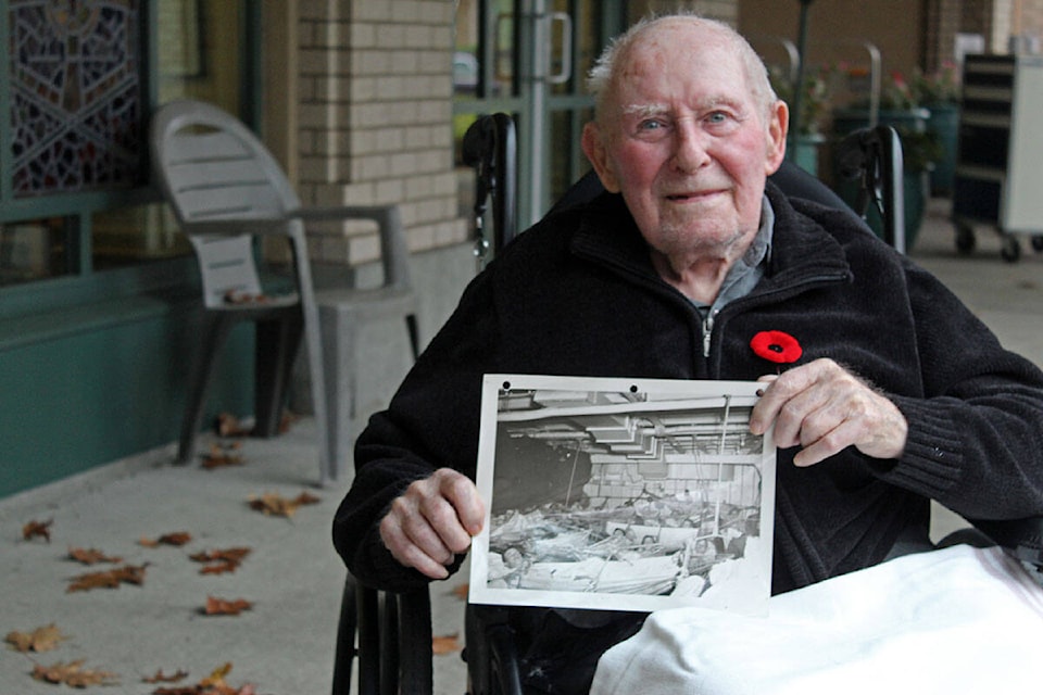 Clifford Williamson recalls his days in the Canadian Navy at Broadmead Care in Saanich. (Megan Atkins-Baker/News Staff)
