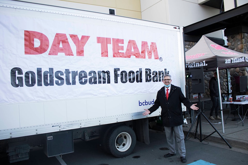 Real estate agent Darren Day has held three food bank fundraisers for the Goldstream Food Bank, including the latest earlier this month outside Quality Foods in Langford. (Bailey Moreton/News Staff)
