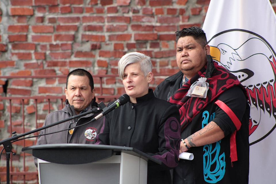 Victoria Mayor Lisa Helps speaks during a March 11 ceremony where the city celebrated formally supporting the Songhees Nation’s treaty negotiations with B.C. and Canada. (Jake Romphf/News Staff)