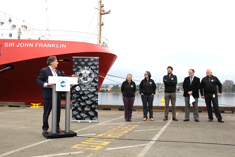 Mark Saunders, director of the International Year of the Salmon, introduces the team of researchers behind their latest expedition. (Jane Skrypnek/News Staff)