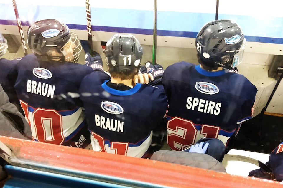 (From left) Peninsula Panthers linemates Riley and Payton Braun and Logan Speirs await their next shift during the Cyclone Taylor Cup provincial junior B hockey championships tournament in Delta. The Panthers wound up fourth overall. (Peninsula Panthers/Twitter)