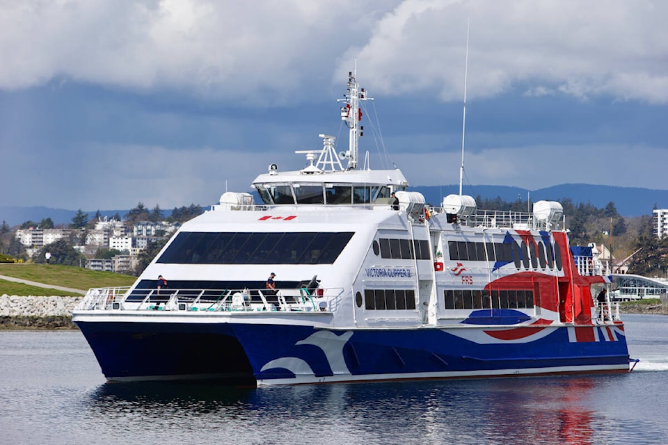 The Victoria Clipper approaches its berth in the Inner Harbour after sailing from Seattle on Friday, April 15, for the first time since the fall of 2021 and for what is hoped to be the return of normal crossings, which were disrupted for two years by pandemic border restrictions. (Justin Samanski-Langille/News Staff)