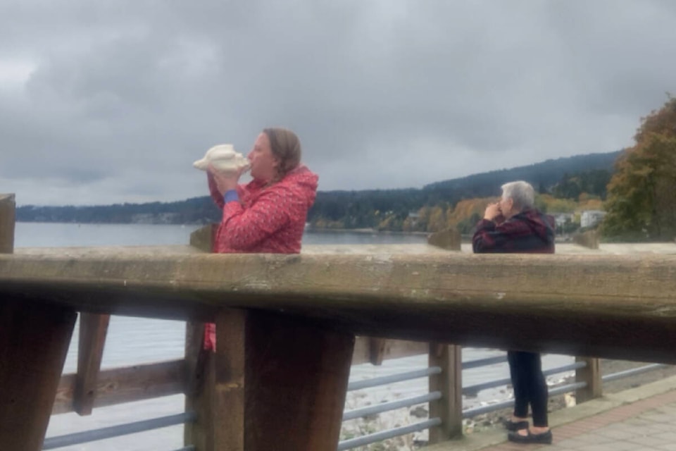 French horn musician and Royal Canadian Navy Naden Band member Alliszon Zaichkowski, left, plays one of her 20 conch shells during an outdoor jam session with her mother. Zaichkowski, who performed on Canada’s Got Talent in Niagara Falls, Ont., nearly received a golden buzzer from Howard Mandel. (Courtesy of Alliszon Zaichkowski)