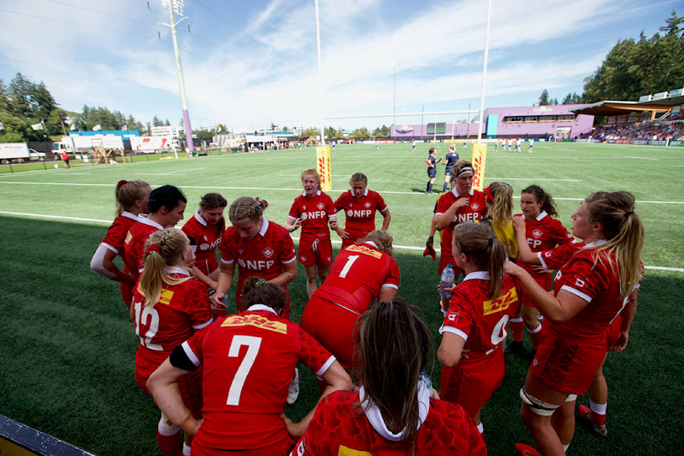 Canada huddles up after Italy scores a try at Starlight Stadium on July 24. (Justin Samanski-Langille/News Staff)