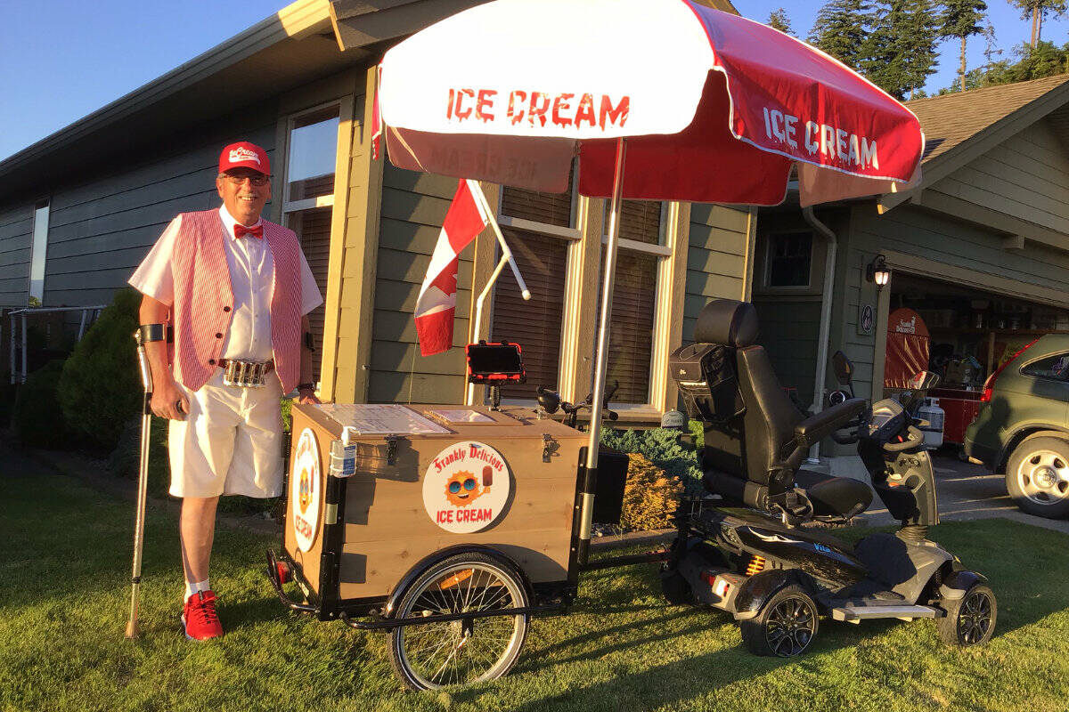 Darrell Ralph and his Frankly Delicious Ice Cream cart he recently put together. The 64-year-old is making kids in hte Vedder Crossing area of Chilliwack happy with his cool treats on hot days. (Submitted photo)