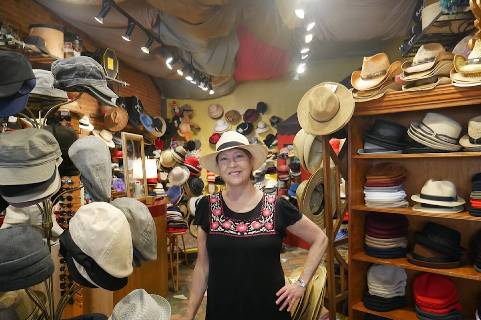 Roberta Glennon stands in the men’s section of her Government Street shop, Roberta’s Hats. Glennon has run the business for 30 years since moving from Vancouver with her husband Brian in 1992. (Evert Lindquist/News Staff)