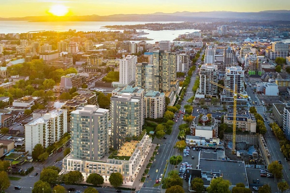 A rendering of Starlight Developments’ proposal for a 1,600-unit rental project on Yates Street from Quadra to Cook streets. (Courtesy of Starlight Developments)