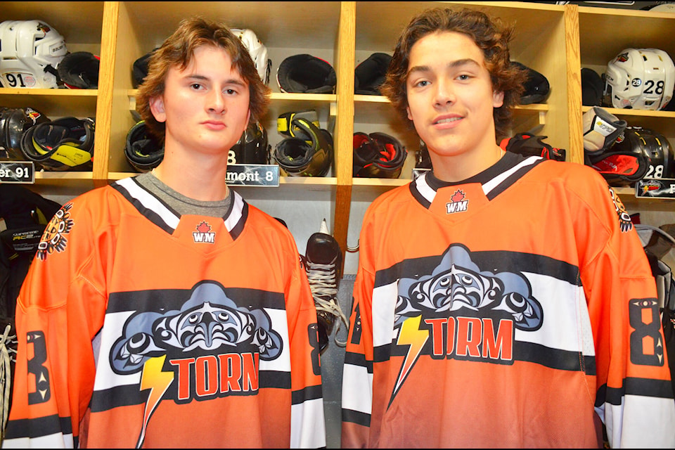 Sporting the Campbell River Storm’s new third jersey that commemorates National Day for Truth and Reconciliation Day are two Storm players of First Nations heritage, Wyatt Dumont (left) and Brady Estabrook. The duo and their teammates will be wearing the jerseys on Friday, Sept. 30 National Day for Truth and Reconciliation. Photo by Alistair Taylor/Campbell River Mirror