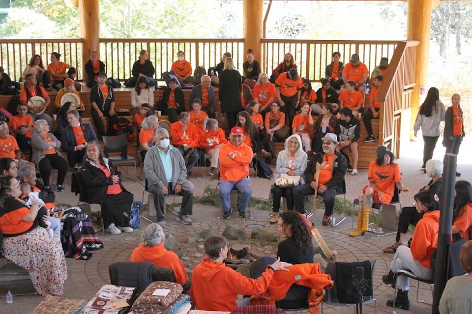 Students, community members, First Nation elders and residential school survivors gathered at Na’tsa’maht, an open-sided structure inspired by Coast Salish designs, located at Camosun College’s Lansdowne campus on Thursday, Sept. 29 to commemorate Orange Shirt Day. (Austin Westphal/News Staff)