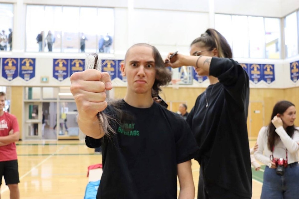 Gur Ben Dor loses locks for Tour de Rock during a Sept. 28 fundraiser at Oak Bay High. (Courtesy Oak Bay High)