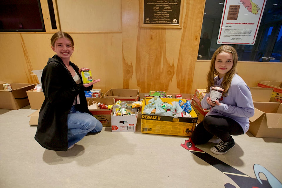 Belmont Secondary School Grade 12 student Sophia Benables and Grade 9 student Jess Keep show off some of the food donations collected by them and their classmates ahead of Thursday’s (Nov. 10) community food drive in support of the Goldstream Food Bank. (Justin Samanski-Langille/News Staff)