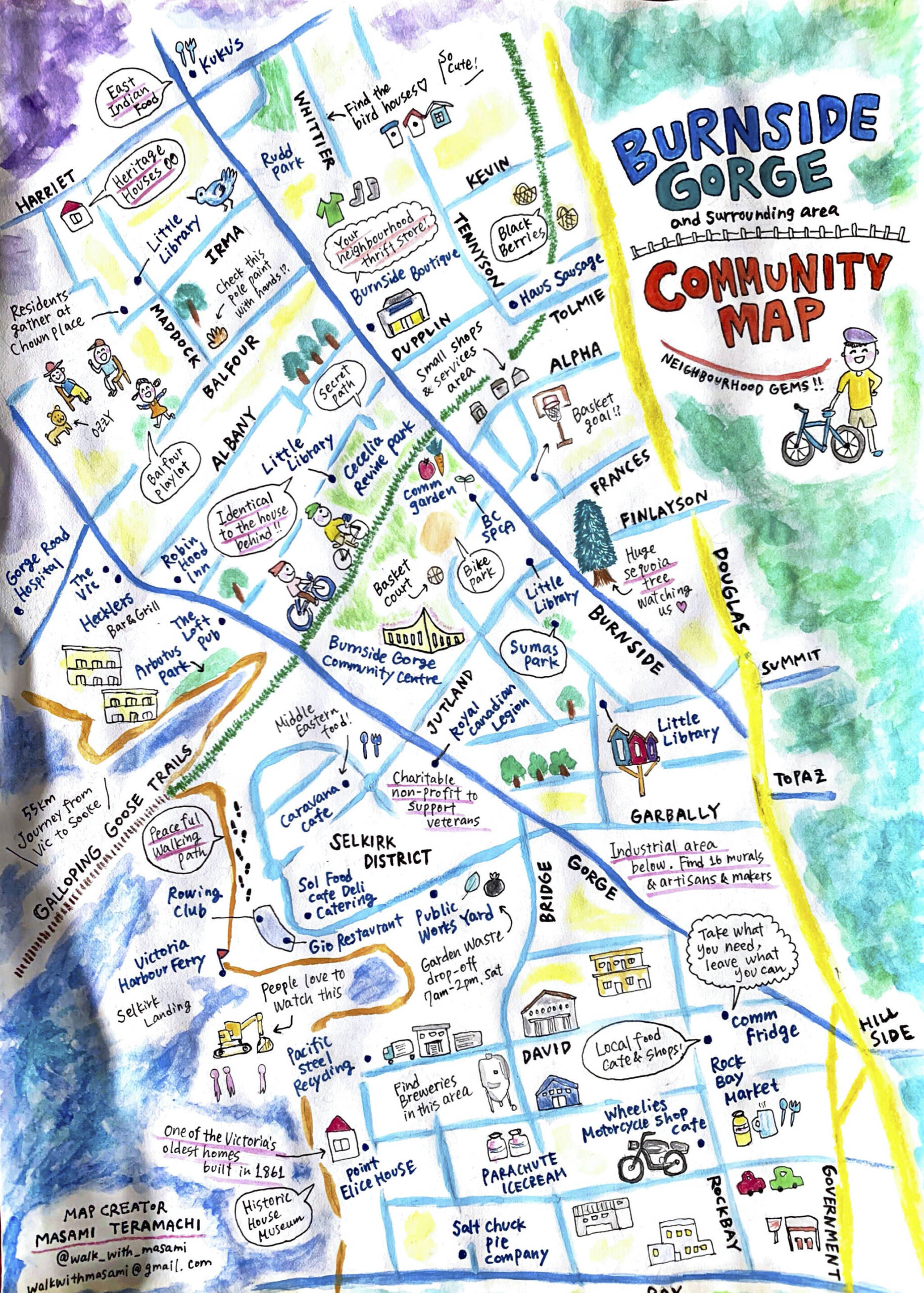 Masami Teramachis hand-drawn Burnside-Gorge walking map. (Courtesy Masami Teramachi)